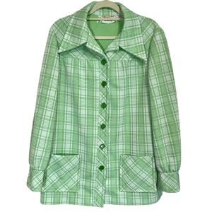 Vintage 70’s Double Knit Green and White Plaid Chore Shirt Jacket Polyester, EUC